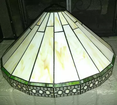 Vtg 19 1/2   Spectrum Stained Glass Lamp Shade Mission Style Cream Green DAMAGED • $35