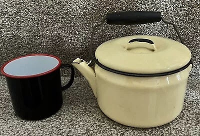 Vtg Yellow Enamel Teapot Tea Kettle With Black Wood Handle & Enamel Black Mug • $9