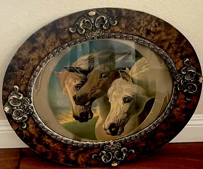 1800's Antique Pharaoh's Horses   In  Oval  Wooden  Frame W/original Wavy Glass • $800