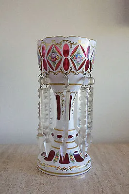 Vintage Bohemian White Overlay  Cranberry Luster Crystal Prisms (12) • $350