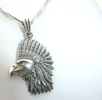 $15 • Buy Native American Style Feather Headdress On An Eagle Sterling Silver Necklace