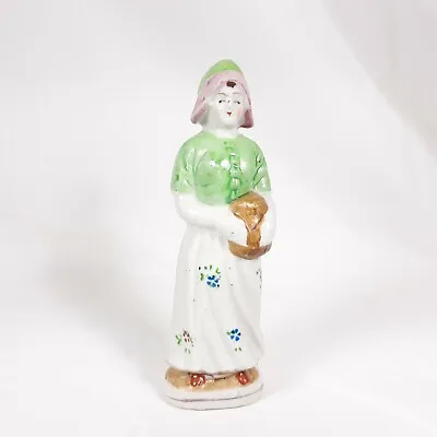  Made In Occupied Japan Girl Holding Basket Green White Floral Dress Figurine  • $23.79