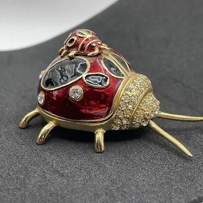 Lady Bug With Baby Bug Jeweled Red Enameled Trinket Box Magnetic Closure DEFECT • $7.48