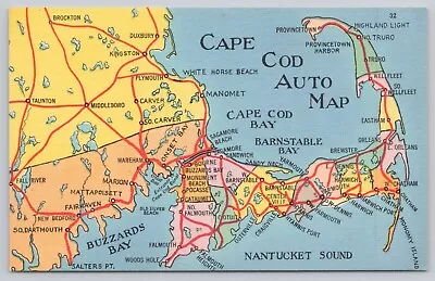 C1930s Tourists' Auto Map Of Cape Cod Massachusetts Vintage Postcard • $12.17