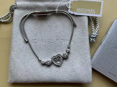 Michael Kors Silver Tone Heart & Crystal Drawstring Bracelet Love Is In The Air • £52.95