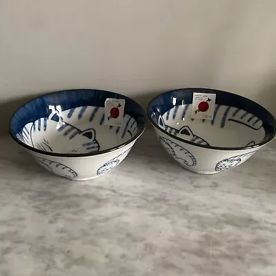 Japanese Smiling / Sleeping Cat Rice Bowl Pair  Cute Blue Design 15cm • £22