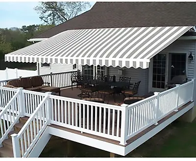 Retractable Awning Motorized Patio Canopy 10x8 Feet Grey And White Striped ALEKO • $396.94