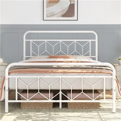 Single/Double Metal Bed Frame Bedstead W/ Diamond Pattern Headboard Black/White • £64.99