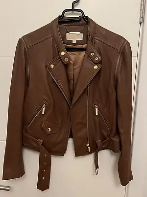 £119 • Buy Michael Kors Leather Biker Jacket Brown Size L With Gold Zip Detail Buckle Belt