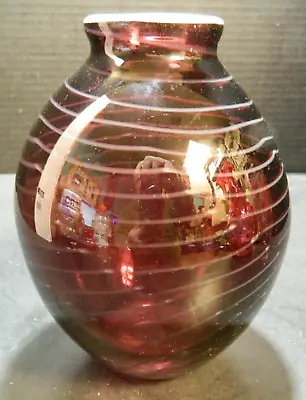 Vintage Hand Blown Vitrix Hot Glass Striped Amethyst Art Glass Vase White Rim EX • $62.99
