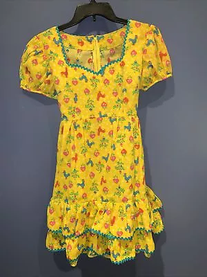Medium Dress Yellow Rooster Print Cottage Core Vintage USA 1960 Talon Zip Rare • $125