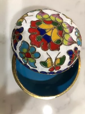 Cloisonne Small Enamel Round Trinket Box & Lid Colorful Floral 2.5  D VTG • $17.99