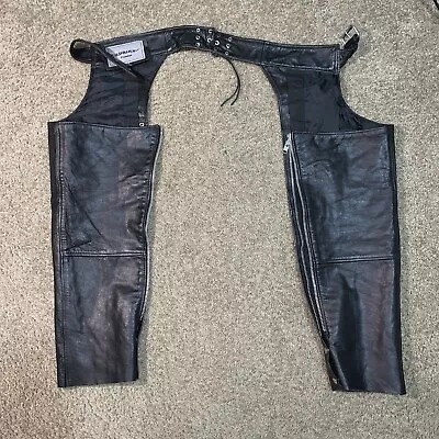 Unik Premium Motorcycle Biker Black Leather Chaps Size Medium Unisex • $42.95