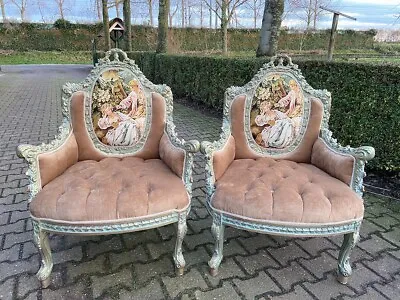 Pair Of Tan Velvet Gobelin French Louis XVI Style Bergère Chairs • $2400