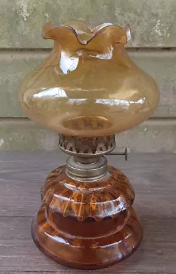 Vintage Small Amber Glass Oil Lamp With Amber Hurricane Chimney • $29.95