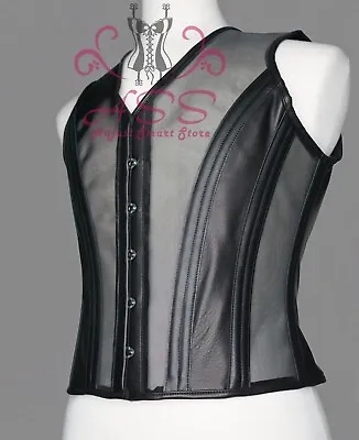 Men Corset Vest Vintage Mesh & Leather  Waist Coat Corset Lace Up Tummy Slimming • $89