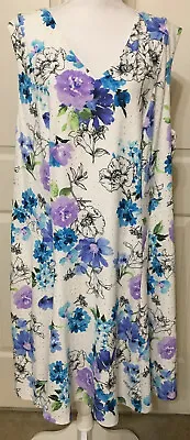 NWT Sandra Darren Size 14W White Blue Purple Floral Sleeveless Flare Dress • $34.31