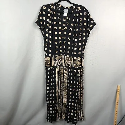 Vintage Rabbit Designs Dress Womens 18 Black Tan Crinkle Gauze Rayon Maxi Artsy • $23.18