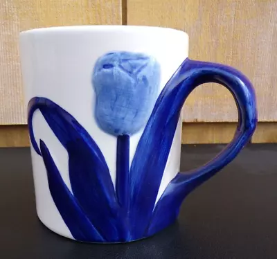 Delft Blue Tulip Mug~Handpainted~Tulip In Relief~3 1/2 T X 3~Tulip Leaf Handle • $9.95