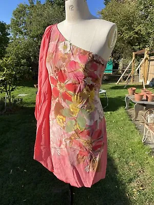 Vintage Belle By Oasis 90s Size 12 Asymetric Off Shoulder Fitted 100% Silk Dress • £55