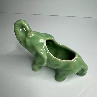 Vintage Mid Century Ceramic Elephant Planter - Celadon Green W Trunk Up - 3.5  T • $22.99