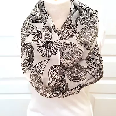 Ladies Lightweight Sheer Black Gray & White Paisley & Flower Infinity Scarf • $13.99