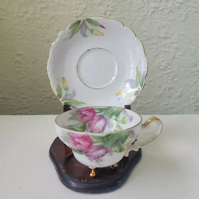 Vintage Ucagco China Pedestal Cup And Saucer Pink Tulips With Gold Trim Japan • $15