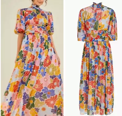 Farm Rio Maxi Dress Size L 16 - 18 Sunny Daisies High Neck Smocked Viscose • £130