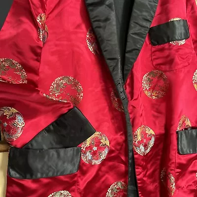 Vintage Wrap Silk Smoking Jacket By ORIENTAL Asian Pattern Royal Red No Belt 42 • $28