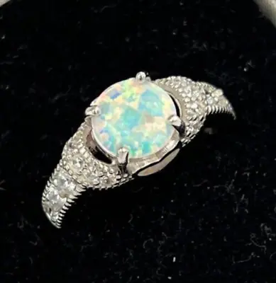 Vintage Solid Silver  Opal Ring Hallmarked  Set With Crystal Stones • £68