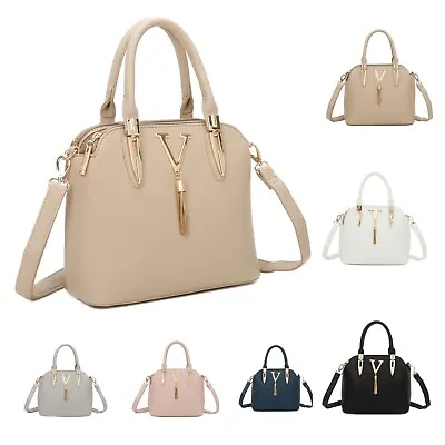 Ladies V Tassel Shoulder Side Zipped Handbag Women's Dual Grab Handle Tote Bag • £24.99