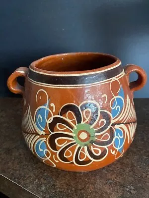 Mexican Clay Pot Primitive Style Hand Made Hand Painted Signed • $20