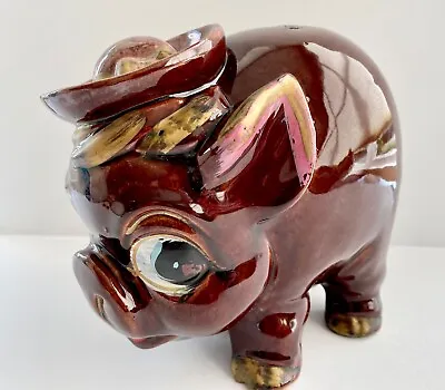 Vintage Ceramic Brown Piggy Bank Pig With A Mop Hat 1970 • $15