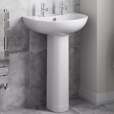 Full Basin Pedestal Sink Modern Bathroom Floor Standing 2 Tap Hole White Ceramic • £74.38