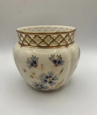 $45 • Buy Vintage Zsolnay Hungary Floral Hand Painted Vase Pierced Reticulated Cachepot