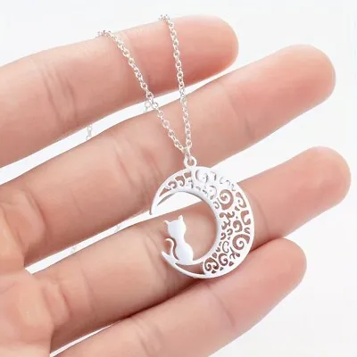 Stainless Steel Hollowed Out Moon Cute Cat Necklace Fashion Accessories Jewelry • $1.78
