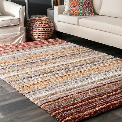 NuLOOM Modern Hand Made Striped Shag Area Rug In Red Blue Orange Multi • $118.90