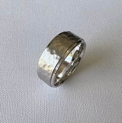 Men's 14K White Gold 8mm Hammered Polished Wedding Band Ring Size 7-3/4 8 • $775