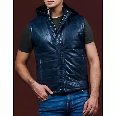 Mens Blue Genuine Soft Leather Jacket Vest Hoodie Casual Design Fashion Style • $49.31