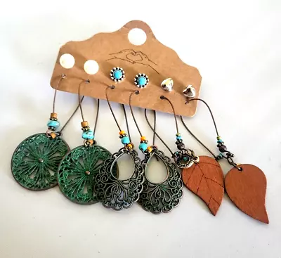 Boho Earrings Multi Pack Of Six Stud Post And Wire Hook Drop Dangle New On Card • $5.99