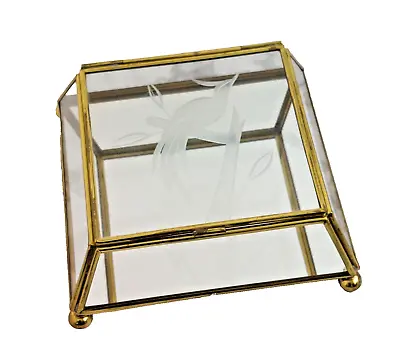 Vintage Etched Glass Mirrored Brass Jewelry Trinket Box • $0.99