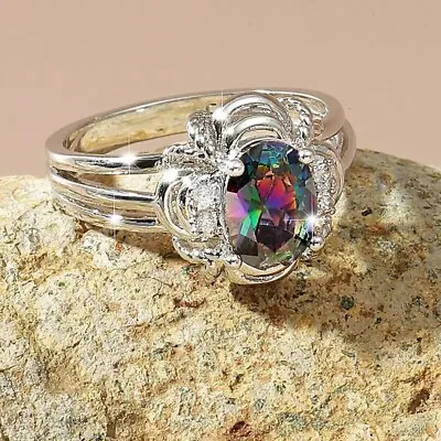 925 Sterling Silver Rainbow Mystical Fire Topaz Wedding Engagement Ring Size 8 • $15.74