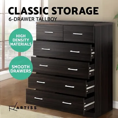 Artiss 6 Chest Of Drawers Dresser Tallboy Storage Cabinet Bedroom Walnut ANDES • $159.95