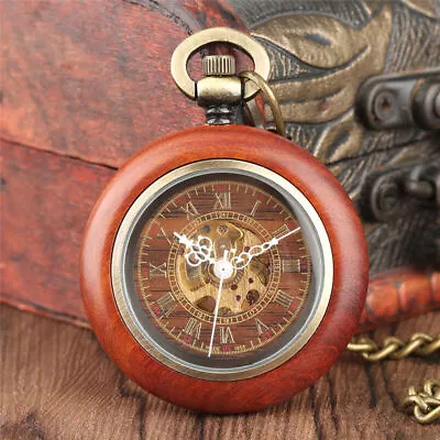 Antique Wood Automatic Mechanical Pocket Watch Skeleton Dial Pendant Chain Gift • $22.41