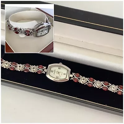 Vintage Jewel Time Quartz 925 Sterling Silver & Red/Clear Crystals Watch • £9.50