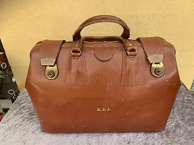 Large Vintage Antique Brown Leather Gladstone Bag Doctor's Style • $95