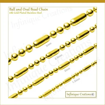 18K Gold Plated Stainless Steel Ball And Oval Bead Chain Bracelet Necklace 1-3mm • $9.49