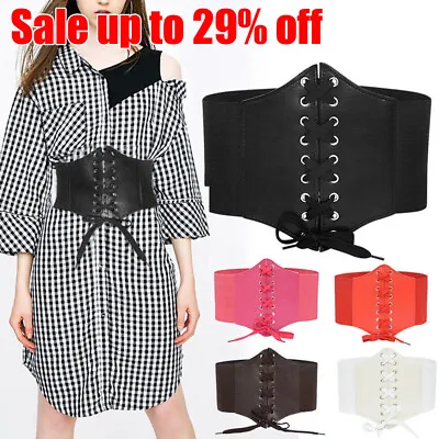 Ladies Front Tie Up Leather Waist Belt Lace-Up Elastic Corset Belt Waistband • £3.84