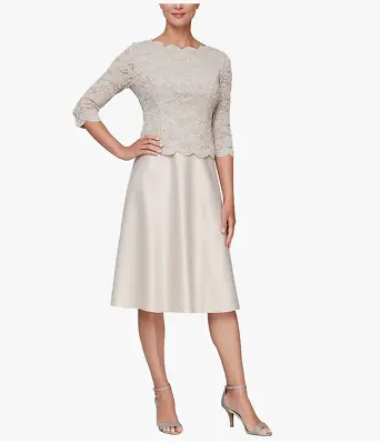 Alex Evenings Dress Tea Length Lace Taupe Beige Sz 12 NEW NWOT N163 • $47.25