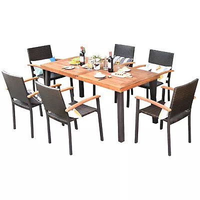 Patiojoy 7PCS Outdoor Rattan Furniture Dining Set Acacia Wood Table Top Armrest • $729.99